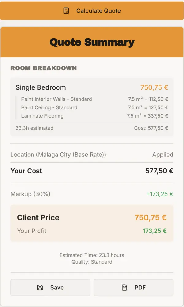 A priced quote for one bedroom: walls, ceiling and flooring by the square metre, then the cost, the markup and the client price.