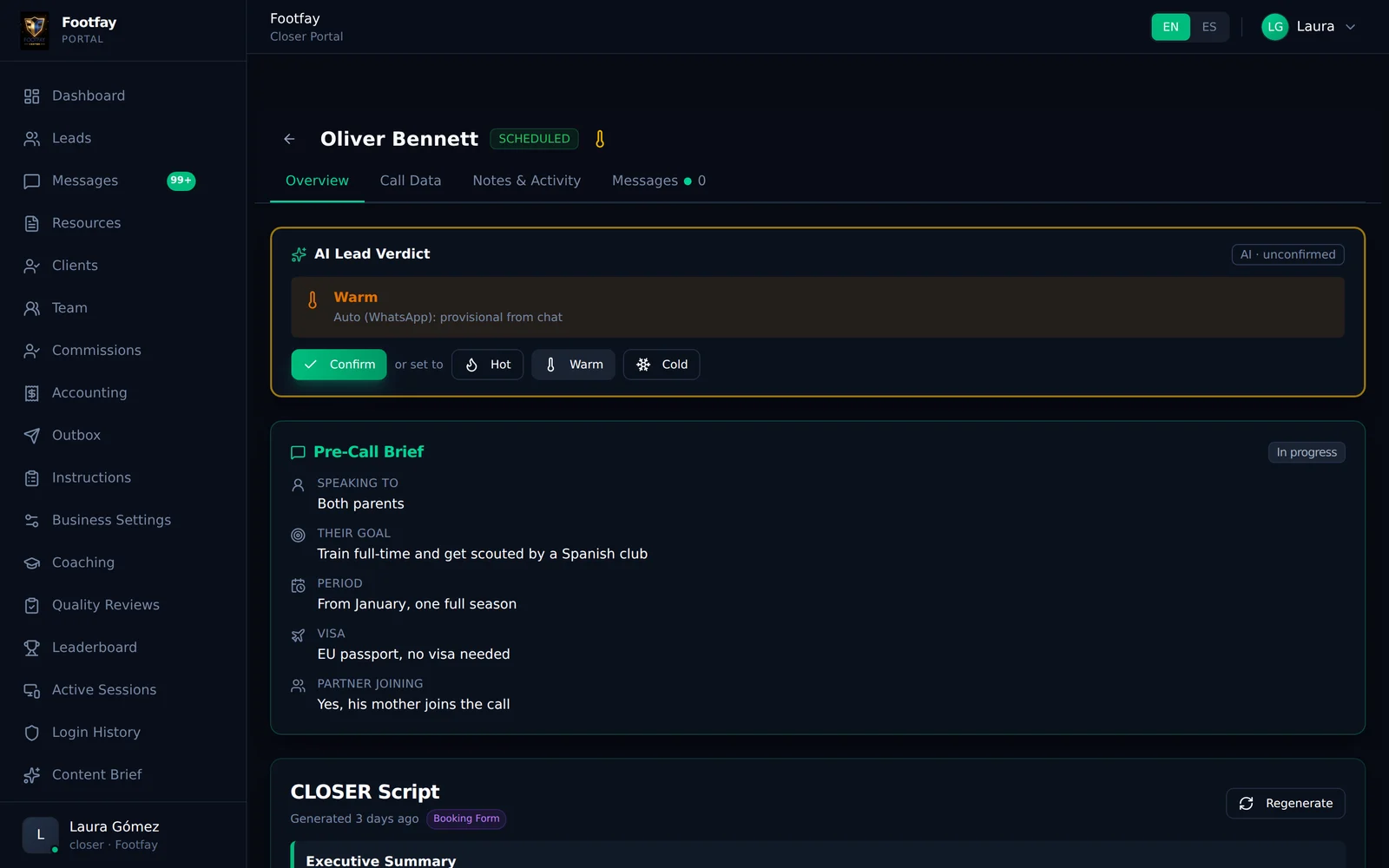 Footfay's sales screen for one lead: an AI verdict of Warm, then a pre-call brief with who is on the call, their goal, dates, visa and whether a partner joins.