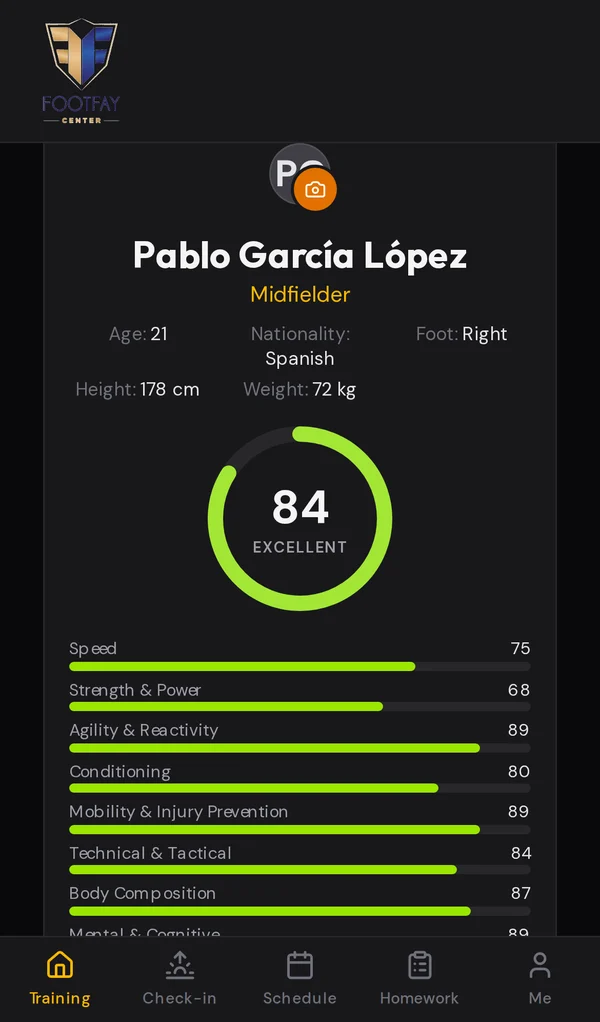 Footfay's player app: an overall score of 84, Excellent, with bars for speed, strength, agility and five more areas.